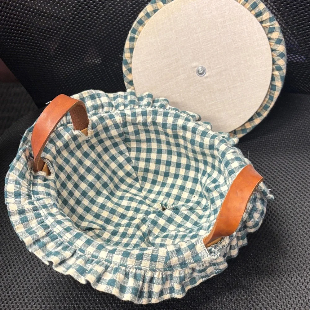 Woven Wood Basket with Blue Gingham Fabric Lid